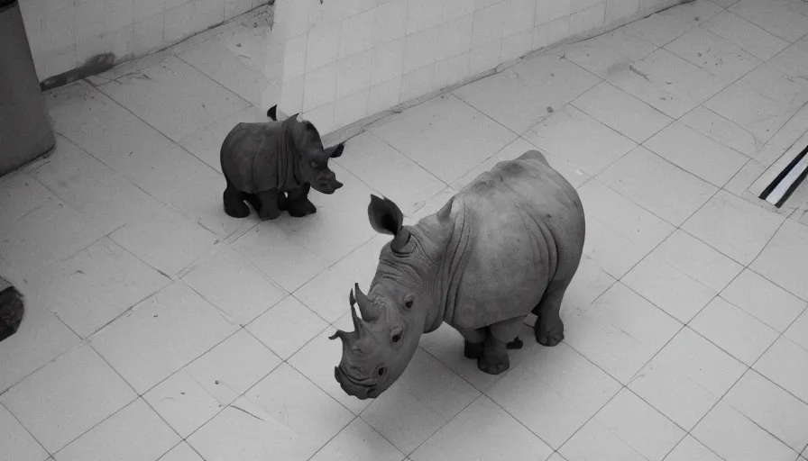 Image similar to a rhinoceros in a public bathroom with yellow tiles floor, mini dv camera found footage, very very low quality picture, heavy grain, heavy jpeg artifact blurry, caught on trail cam, 1 4 4 p