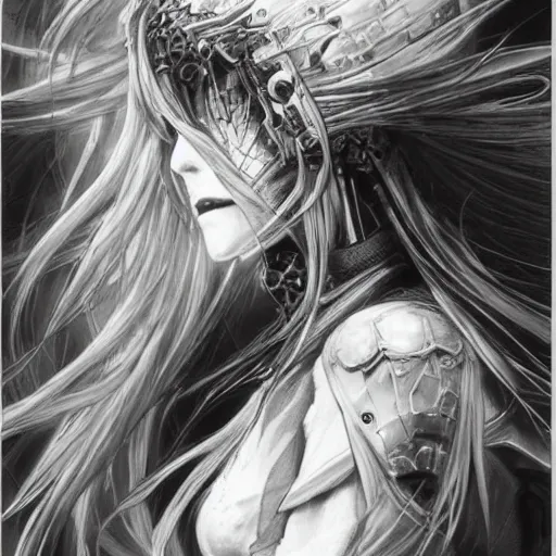 Prompt: yoshitaka amano blurred!!! and dreamy illustration of an anime girl with wavy white hair and cracks on her face wearing elden ring armor with the cape fluttering in the wind, abstract black and white patterns on the background, noisy film grain! effect, highly detailed, renaissance oil painting, weird portrait angle