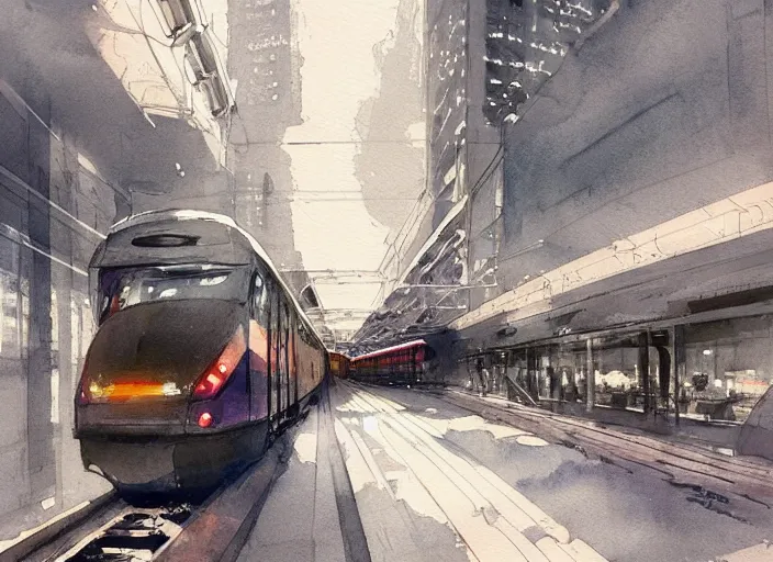 Image similar to concept art of a urban train, pinterest, artstation trending, behance, watercolor, by coby whitmore *, silver, laser light *,