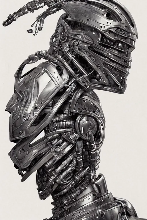 Prompt: futurist armor for half human half robot soldiers, art by leyendecker, head and shoulders portrait, cyberpunk, cybernetic implants, intricate, extreme details