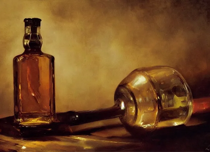 Image similar to oil painting of whiskey bottle, art by anders zorn, wonderful masterpiece by greg rutkowski, beautiful cinematic light, american romanticism by greg manchess, creation by tyler edlin