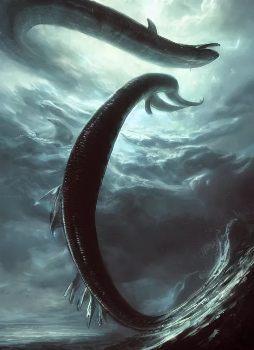 Prompt: massive leviathan eel flying through the clouds, volumetric light rays painted by raymond swanland