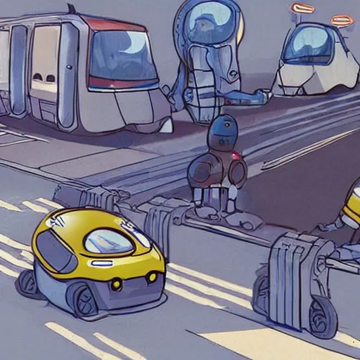 Image similar to robots on the road, quadruped machines as public transportation, wheelless vehicles, futuristic illustration, science fiction concept art