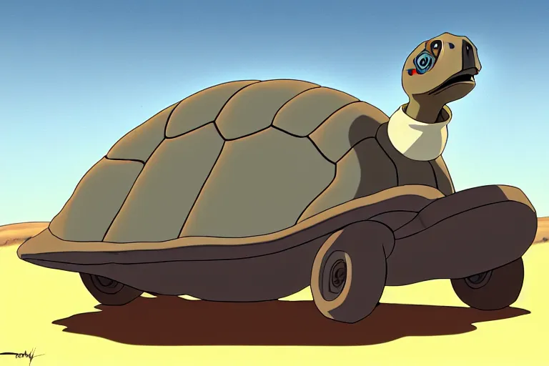 Prompt: a study of cell shaded cartoon of a grey mechanized tortoise from howl's moving castle ( 2 0 0 4 ) on a desert road, full body, wide shot, very muted colors, post grunge, studio ghibli, laurie greasley, highly detailed, deviantart, art by artgem