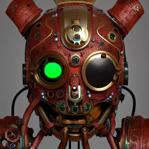 Image similar to steampunk tribal mask, robot, japanese pottery, vivid colors, wood, metal, intricate details, trending on cgsociety, concept art, glowing eyes, sharp focus, ultra realistic details, cinematic atmosphere, global illumination, shadows, octane render, 8 k