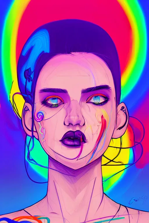 Image similar to a award winning portrait of a beautiful woman with stunning eyes in a one off shoulder crop top and cargo pants with rainbow colored hair, outlined by whirling illuminated neon lines and fine lines swirling in circles by greg tocchini, digital art, trending on artstation