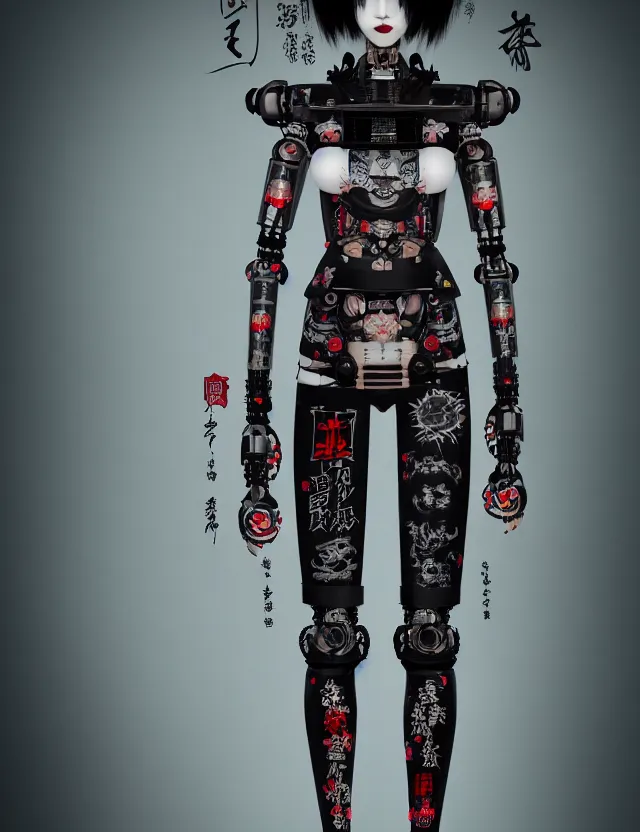 Image similar to full body portrait of a gothic style punk geisha robot with kanji tattoos and decals wearing a digital pixelated kimono, intricate design, photo - realistic, octane render, dark colour palette, ultra fine detailed, character design, trending on artstation