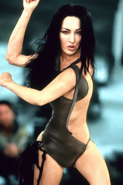 Image similar to Monica Bellucci fighting 100 Mr Smiths from the Matrix