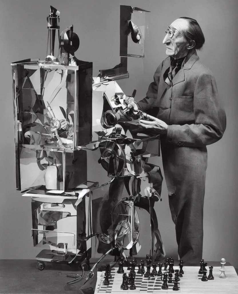 Prompt: Kodachrome portrait of Marcel Duchamp with an technological chess machine, archival pigment print in the style of Hito Steyerl, studio shooting, contemporary art