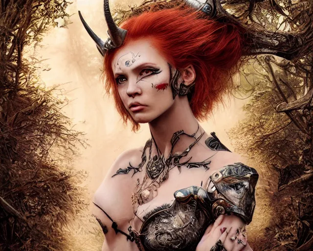 Prompt: 5 5 mm portrait photo of an armored gorgeous anesthetic redhead woman warrior with a face tattoo and lamb horns growing from her head, in a magical forest in the style of stefan kostic, art by luis royo. highly detailed 8 k. intricate. lifelike. soft light. nikon d 8 5 0. cinematic post - processing