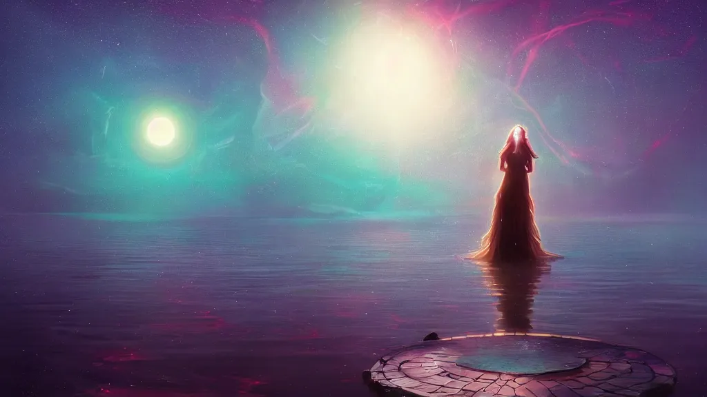 Prompt: one beautiful whimsical goddess standing in a lake basking in the moonlight, underneath a multi-colored binary blackhole with an accretion disc, glowing trails following her arms, by Lois van Baarle, by Greg Rutkowski, by artgerm, by beeple, by studio ghibli, cinematic angle, volumetric lighting, 4k resolution, octane render, trending on artstation, masterpiece