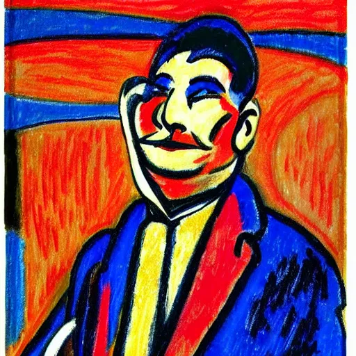 Image similar to precise by louis valtat navajo red, zoetrope. a drawing of a suit. the man's eyes are closed & he has a serene, content look on his face. his arms are crossed in front of him & is floating in space. background is swirling with geometric shapes & patterns.