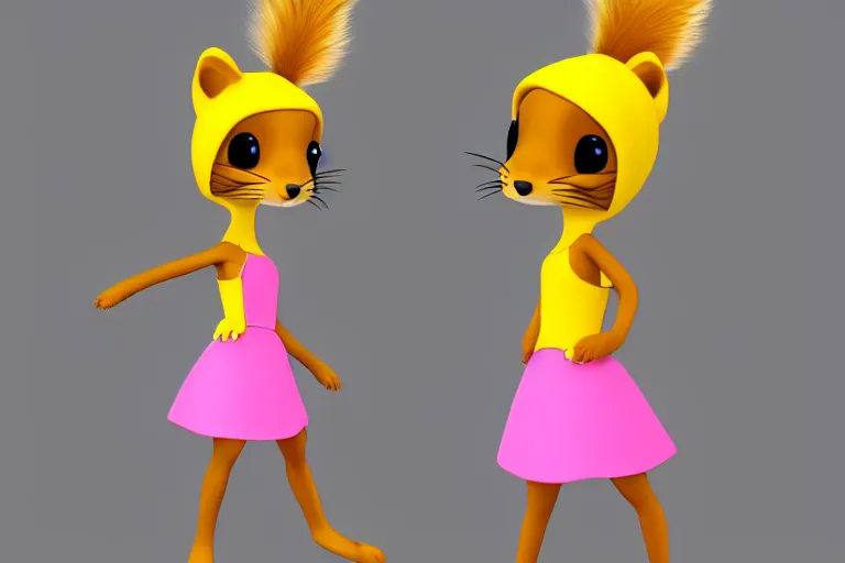 Prompt: female marten character : initial pose : wearing jewelry and pink dress and yellow hat : head torso legs feet : lorax movie : deviantart : cel shading