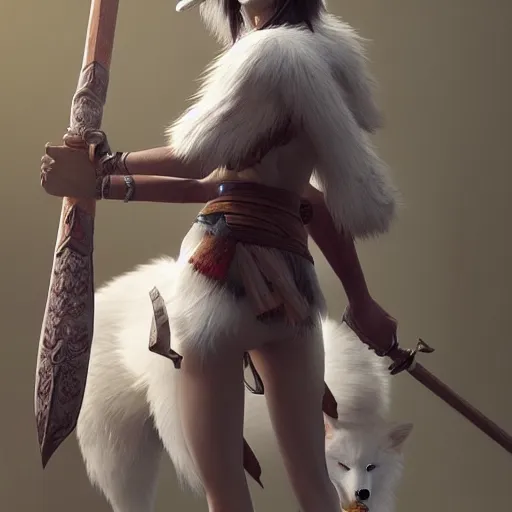 Prompt: Princess Mononoke holding a spear, standing next to Moro the white wolf, portrait by loish and WLOP, octane render, dark fantasy, trending on ArtStation