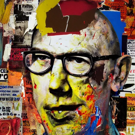 Image similar to hyperrealistic, photorealistic, mixed media oil painting of hunter s thompson, magazine scraps, plaster, blood, oil, mustard, splatter, greg rutkowski, basquiat, ralph steadman, wesley kimler, terry gilliam, andy warhol, dali