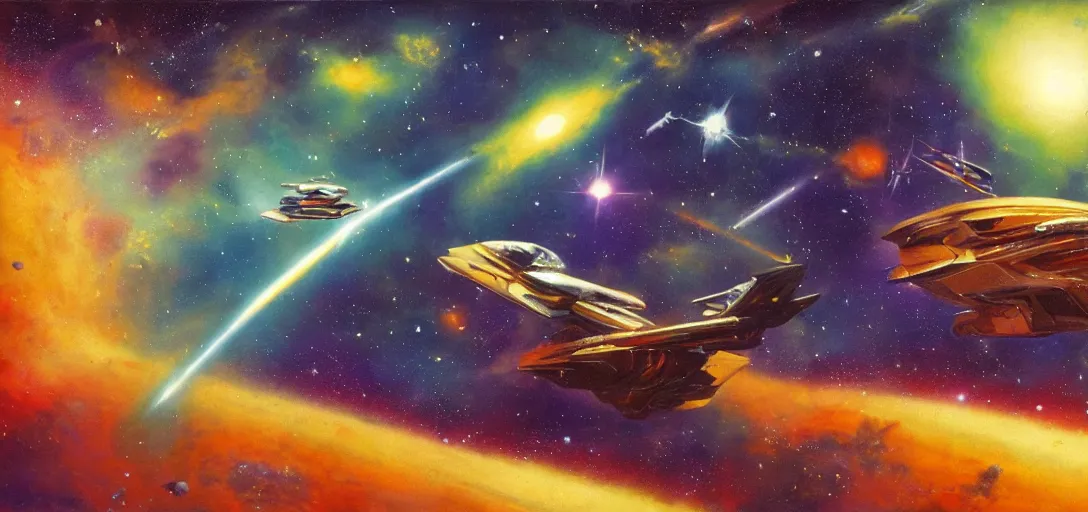 Image similar to a starship and spaceship battle across the oil painted nebula, lasers in mid flight, by chris foss, syd mead, ralph mcquarie, art station, high detail, award winning, psychedelic and glittering, cinematic composistion