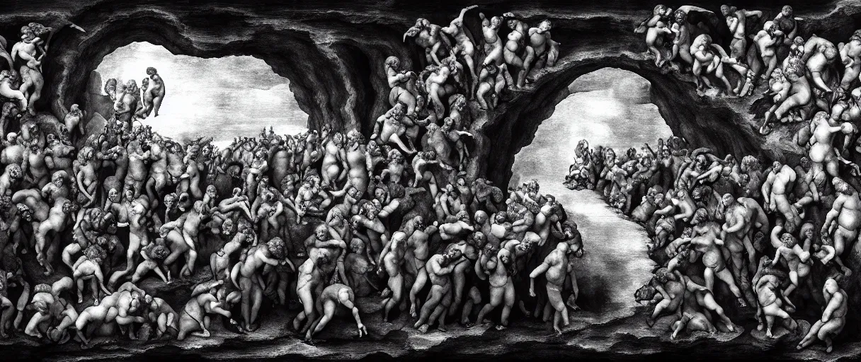 Image similar to alvah angelrune water portal to hell located in heaven, photorealistic, crowd of people, rule of thirds, 4 k, dark bright effect, michelangelo