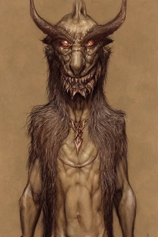 Image similar to Artwork by John Howe of Abe the Forgotten Beast, A towering humanoid composed of rose gold, with a gaunt appearance and a matted grey fur