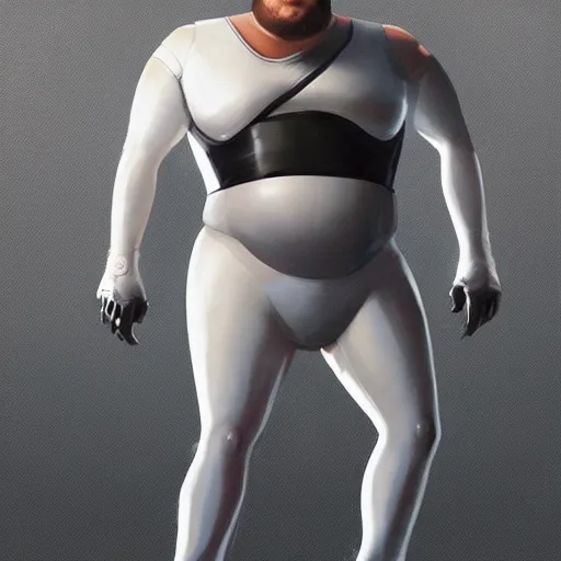 Image similar to portrait of a fat man standing, dressed in all white futuristic bodysuit with a bionic leg by Greg Rutkowski, trending on artstation