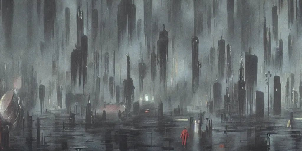 Prompt: A still from Blade Runner (1982) painted in the style of Yves Tanguy