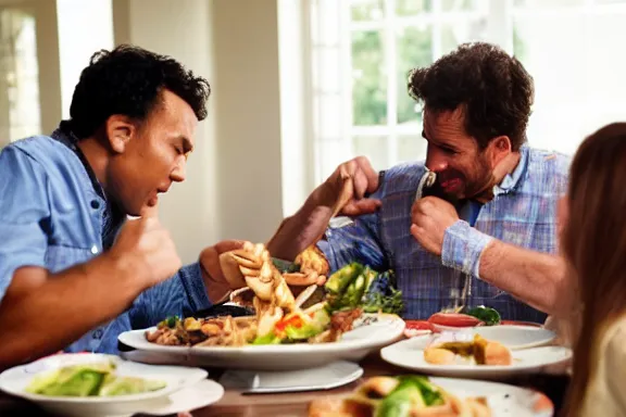 Image similar to a man taking a huge bite out of a table in the middle of dinner with his family