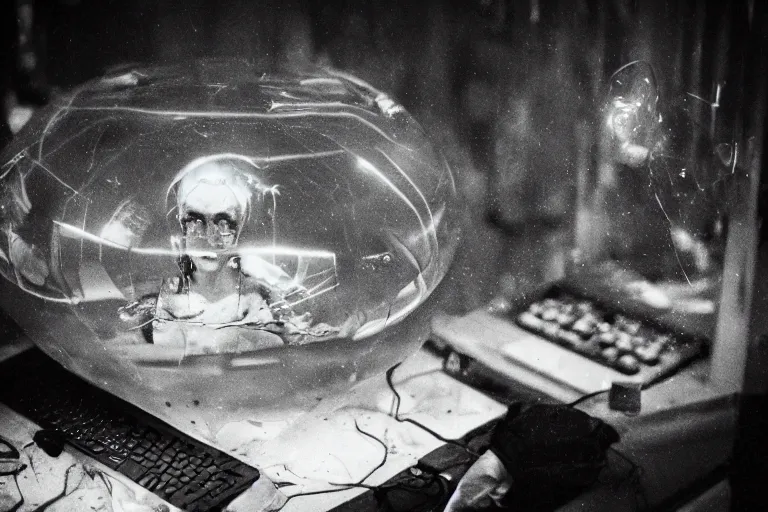 Image similar to greebled alien computer submerged in translucent goo, in 1 9 8 5, y 2 k cybercore, industrial low - light photography, in the style of tyler mitchell