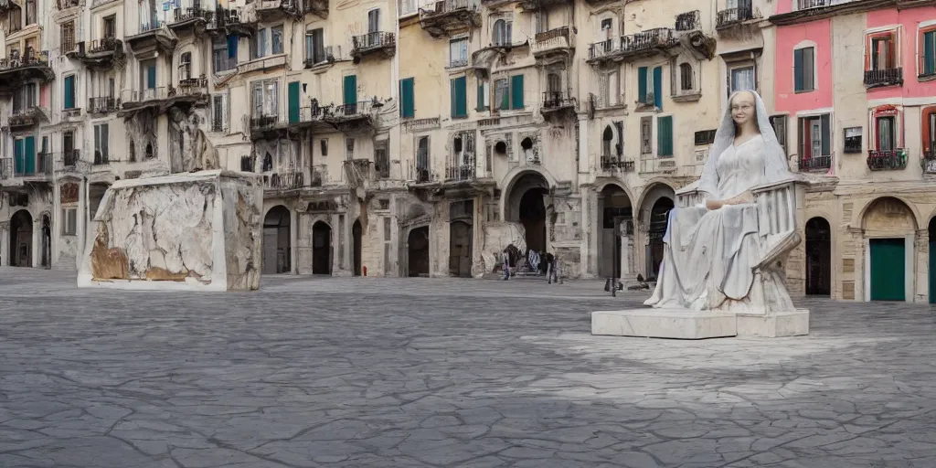 Image similar to A colorful marble sculpture of The Mona Lisa in the middle of an empty Italian piazza without people, midday, 4k photograph, sunny day, long shot