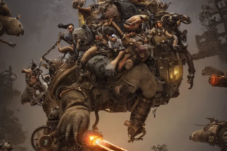 Image similar to steampunk family fighting a horde of crazy killer koalas, 3d scene, render, ultra realistic, zenith view, Greg Rutkowski, artstation, cgsociety, unreal engine, ray tracing, detailed illustration, hd, 4k, digital art, overdetailed art, concept art, complementing colors, Trending on artstation, deviantart