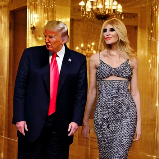 Image similar to donald trump flaunting it runway style in women's clothing now that he has come out as male to female transgender