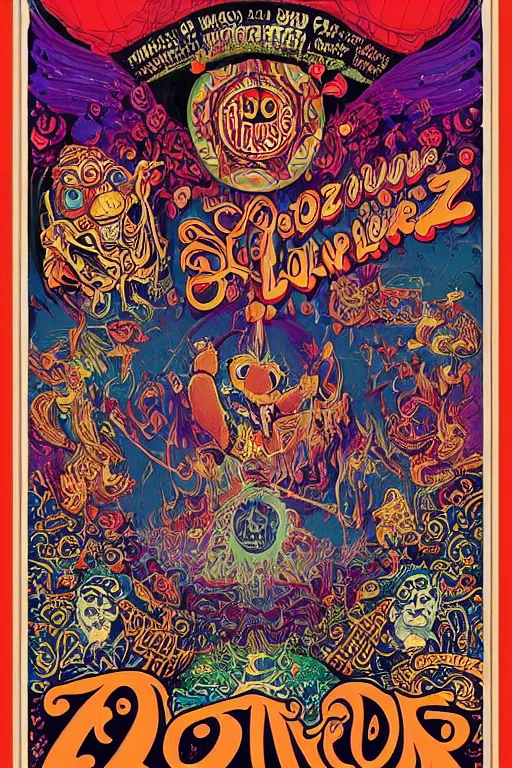 Image similar to Flowing lettering that says The Bozone, Fillmore concert poster for The Bozone by Robert Crumb, by Victor Moscoso, by Laurie Lipton, black light velvet poster for a band called The Bozone, intricate paisley filigree of lettering that says The Bozone, Bozo the clown. Clown motif, Shiny bulbous red clown nose at the center of an infinite fractal mandala tunnel of clowns, Unreal Engine, Cryengine, trending on Artstation,