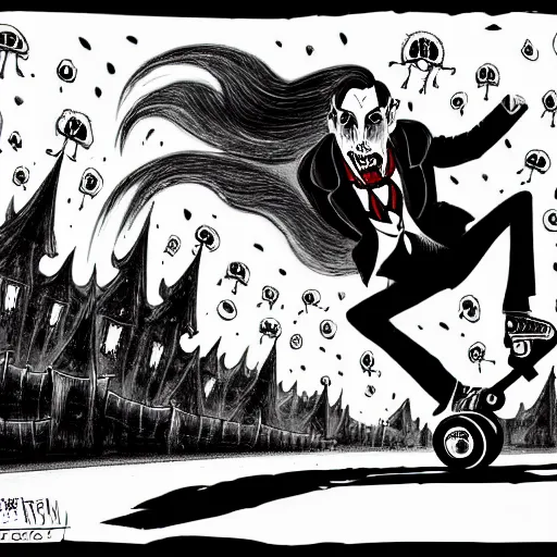 Prompt: black and white trippy comic art depiction of dracula the vampire wearing a suit and roller skating on prominently featured roller skates, zooming down the street with action lines flying past him, drawn by martin rowson, tim burton, alex pardee, nekro petros afshar, cgsociety, awesome, cool, detailed, intricate ink, 4 k