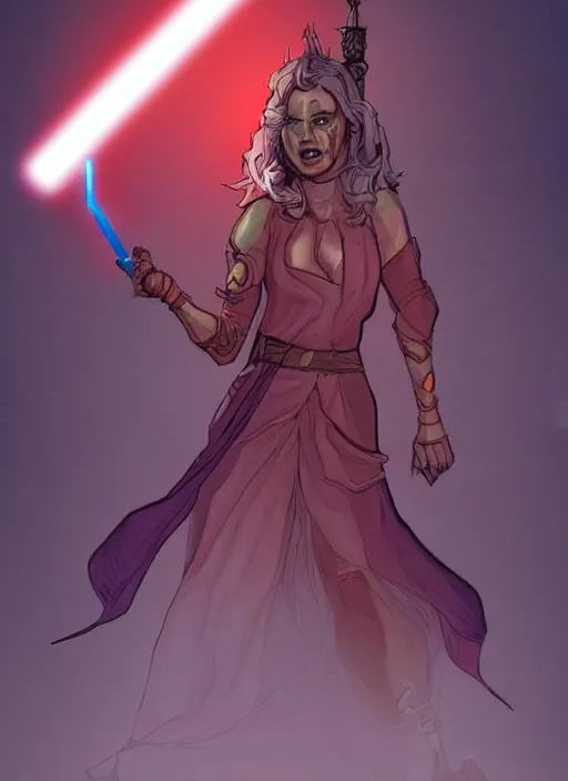 Prompt: comic style the evil moon is holding a Jedi red sword in her hands artstation