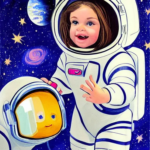 Prompt: a cute little girl with a round cherubic face, blue eyes, and short wavy light brown hair smiles as she floats in space with stars all around her. she is an astronaut, wearing a space suit. beautiful painting with highly detailed face by artgerm and quentin blake