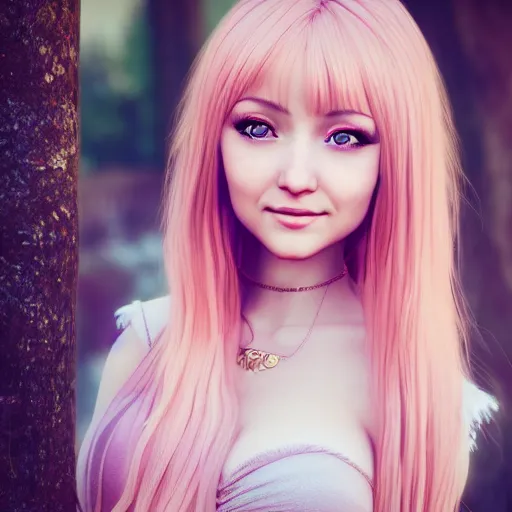 Image similar to beautiful intricate photograph of nikki from shining nikki dress - up game, a cute young woman, light pink hair, long hair with full bangs, full heart - shaped face, amber eye color, pale skin, light blush, chinese heritage,, smiling softly,, golden hour, soft focus, 8 k, hyperrealism, hyperdetailed