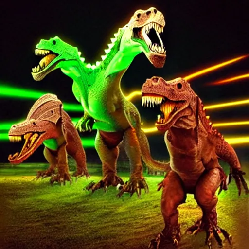 Image similar to three headed cyborg tyrannosaurus rex with lasers.