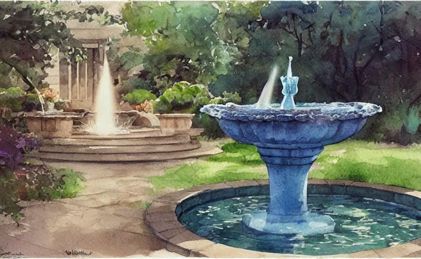 Image similar to concept art of a magical fountain in a garden, pinterest, artstation trending, behance, watercolor, by coby whitmore, silver, laser light,