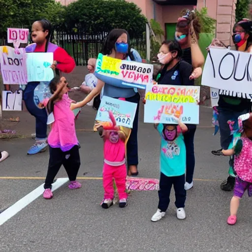 Image similar to babies protesting in front of a daycare center