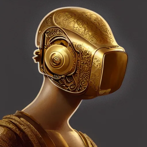 Prompt: mechanical gold vr headset, intricate, elegant, highly detailed, lifelike, digital painting, artstation, illustration, smooth, sharp focus, art by scott davidson, albert aublet, krenz cushart, artem demura, mucha