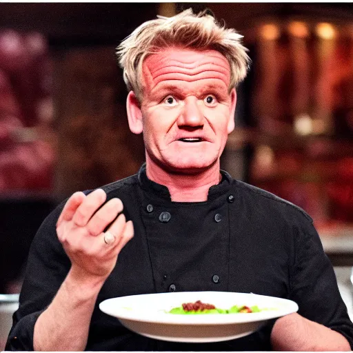 Prompt: gordon ramsey reacts to being served a huge plate full of raw ground beef