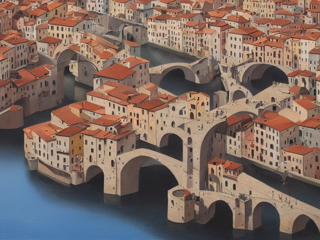 Prompt: A detailed oil painting of a beautiful Italian town and bridge by Michiel Schrijver, isometric