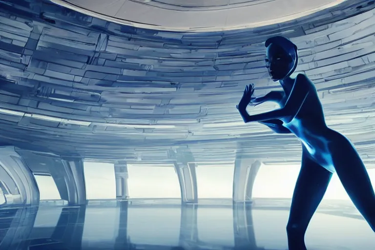 Prompt: vfx movie scene closeup portrait of beautiful blue skin fit skimpy alien woman dancing in sleek futuristic decadent spaceship pillars, futuristic ballroom. giant windows view of earth obit. by emmanuel lubezki