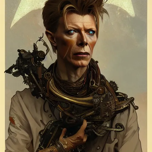 Prompt: post apocalyptic david bowie, fantasy, d & d, intricate, detailed, by by alphonse mucha, adolfo hohenstein, alice russell glenny, stanley artgerm lau, greg rutkowski, detailed, trending on artstation, trending on artstation, smooth