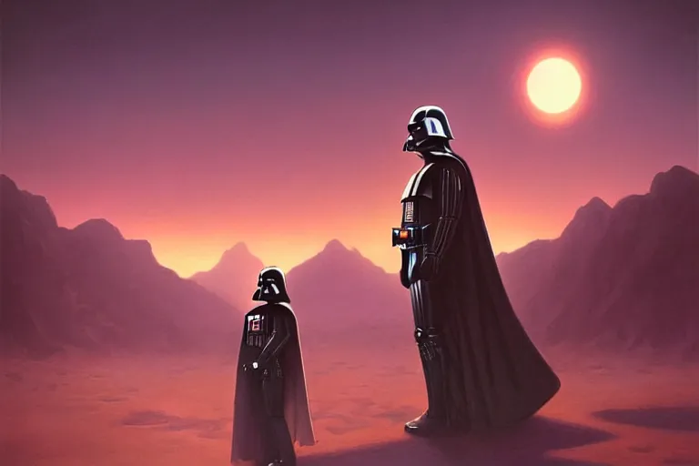 Prompt: darth vader drining juice in desert sunset, beautiful painting, greg rutkowski, james gurney, thrending on artstation.