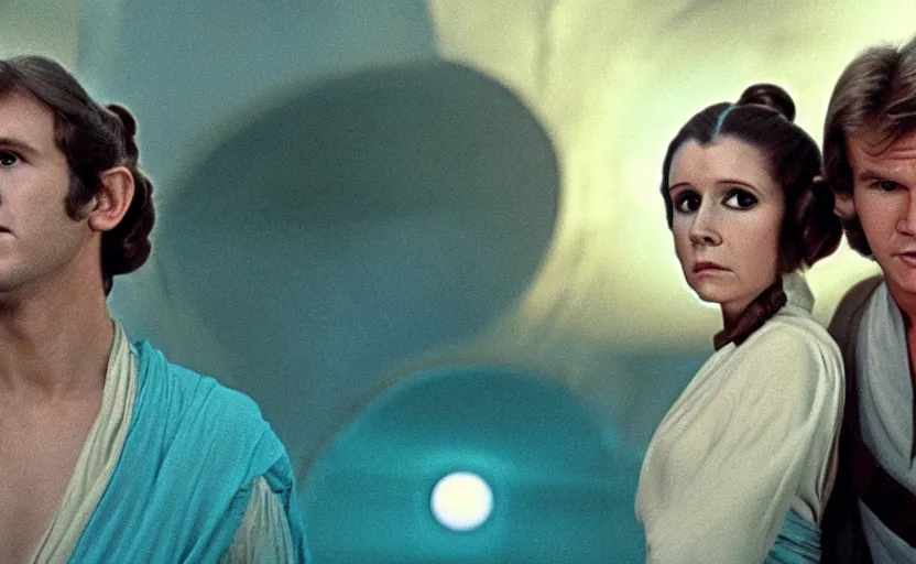 Image similar to screenshot portrait of Princess Leia and Han Solo in a teal, round Temple scene from 1980s film by Stanley Kubrick, 4k serene, iconic shot, surreal sci fi set design, photoreal portrait Carrie fischer and Harrison Ford, detailed face, moody lighting stunning cinematography, hyper detailed, sharp, anamorphic lenses, kodak color film