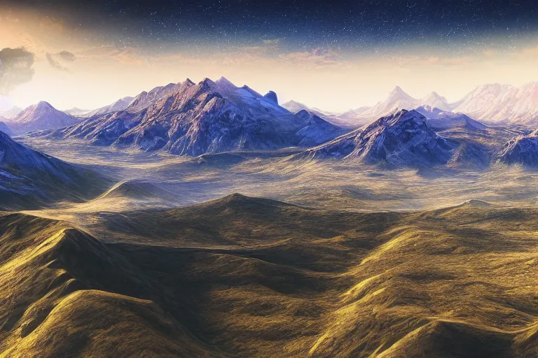 Image similar to a stunning aerial shot of beautiful mountains towering over a vast landscape, with a train from the 8 0 s tearing through the fabric of the universe, digital art, realistic, 4 k wallpaper