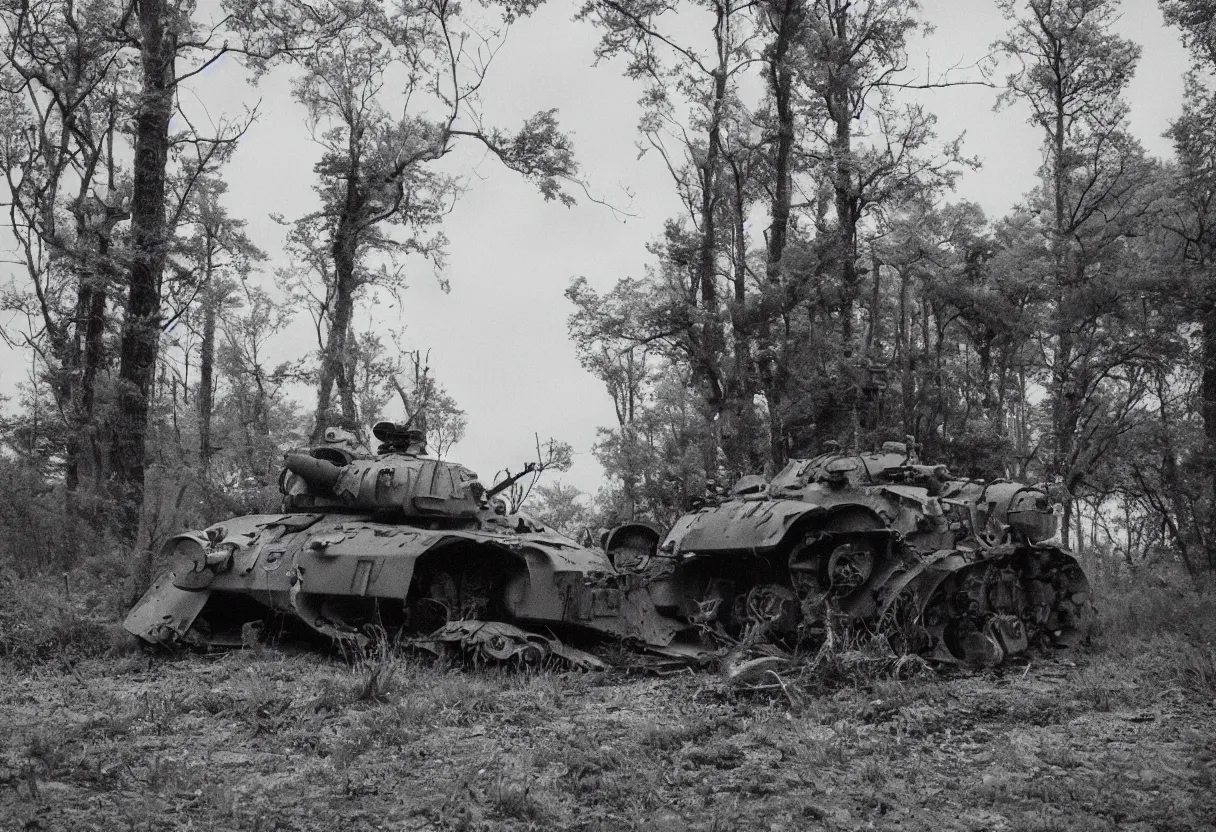 Prompt: my neighbor totoro looks like a simple tank, post apocalyptic style. fox holes. colorized, shot on film, wide angle, stormy sky, trees