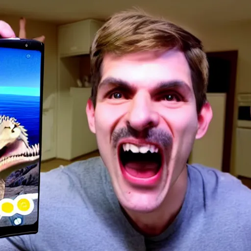 Prompt: still from a velociraptor scientist's vlog complaining about his samsung refrigerator