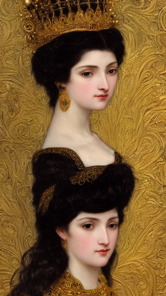 Image similar to painting portrait of a beautiful black haired woman with pale skin and a crown on her head sitted on an intricate metal throne, intricate, elegant, digital painting, smooth, sharp focus, shiny gold, realistic gold, realistic metal, by william - adolphe bouguereau and gustav klimt,