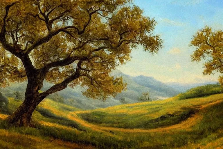 Prompt: masterpiece painting of oak trees on a hillside overlooking a creek, by harold elliott