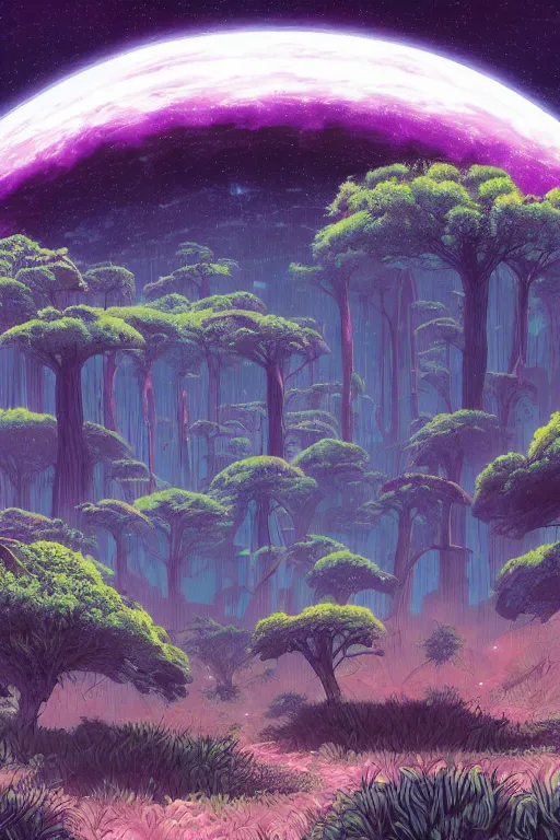 Image similar to concept art painting of an alien world with sentient forests, artgerm, moebius, inio asano, toon shading, cel shading, calm, tranquil, vaporwave colors,